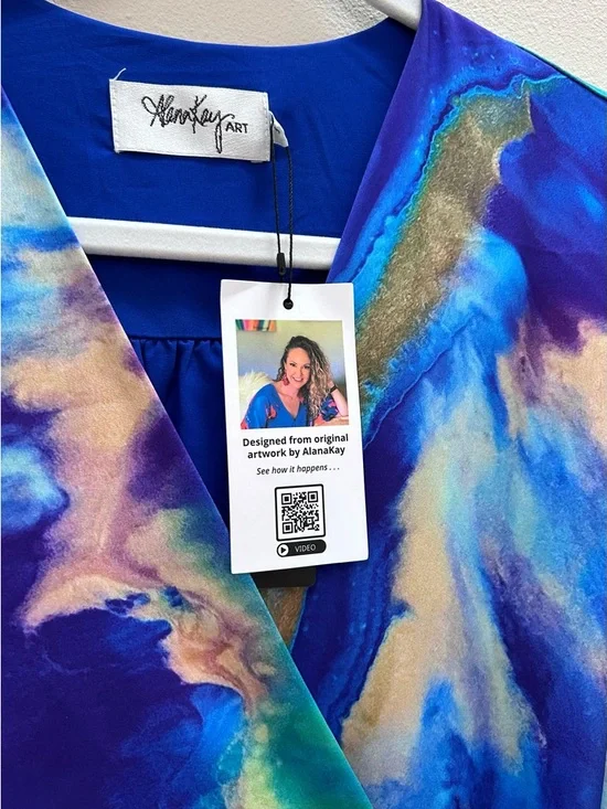 Alana Kay Art wrap ruffle dress blue abstract GORGEOUS NWT Small - Picture 6 of 7